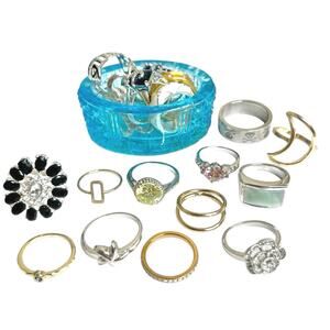 Mixed Jewelry Lot Rings Various Sizes Styles w/ Vintage Blue Glass Trinket Dish